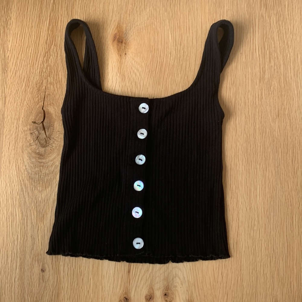 Comune Cropped Ripped Button Down Tank with Ruffled Hem